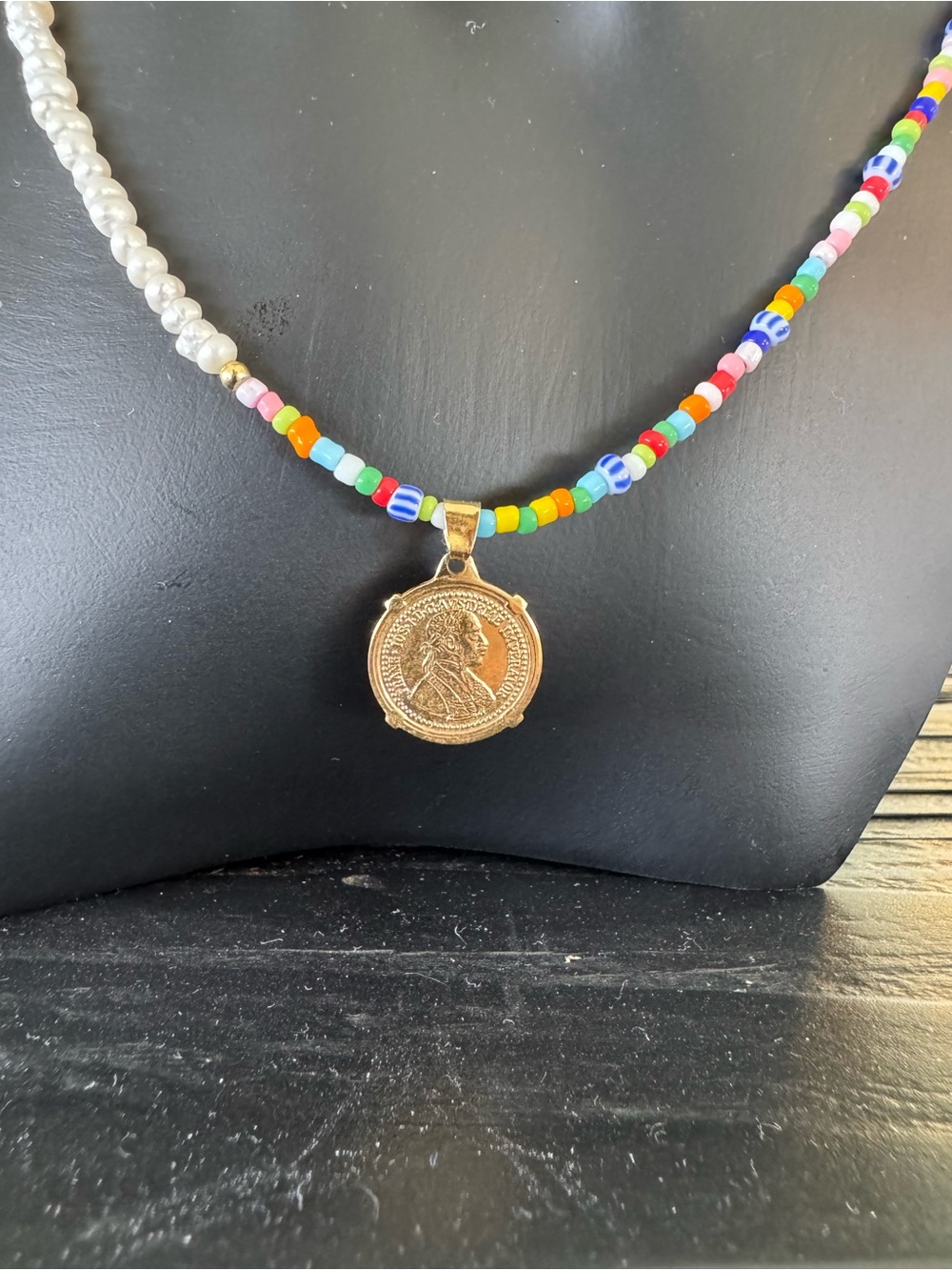 Gold Coin Pendant Multicolor Beaded Necklace with Pearls - Picture 2 of 5